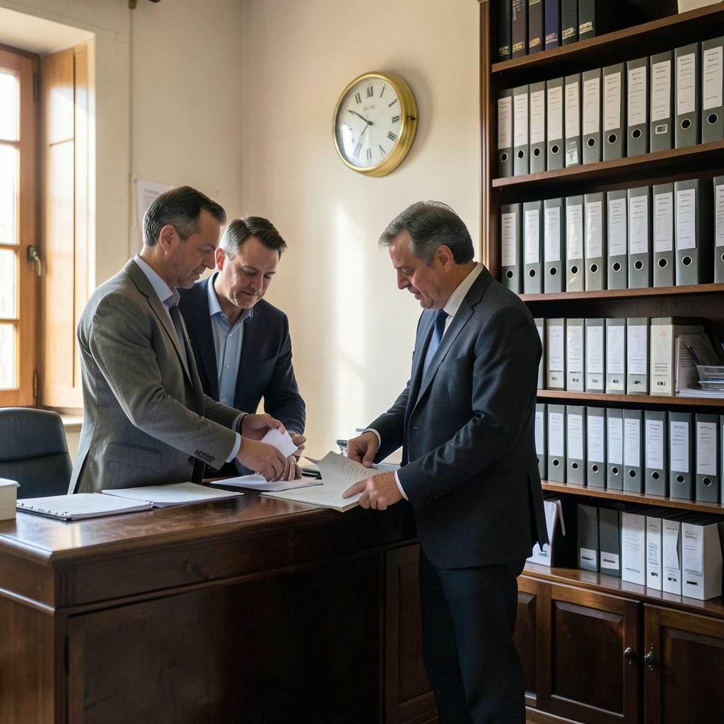 Equipo de consultores laborales en despacho de Camargo con estantería de archivos
