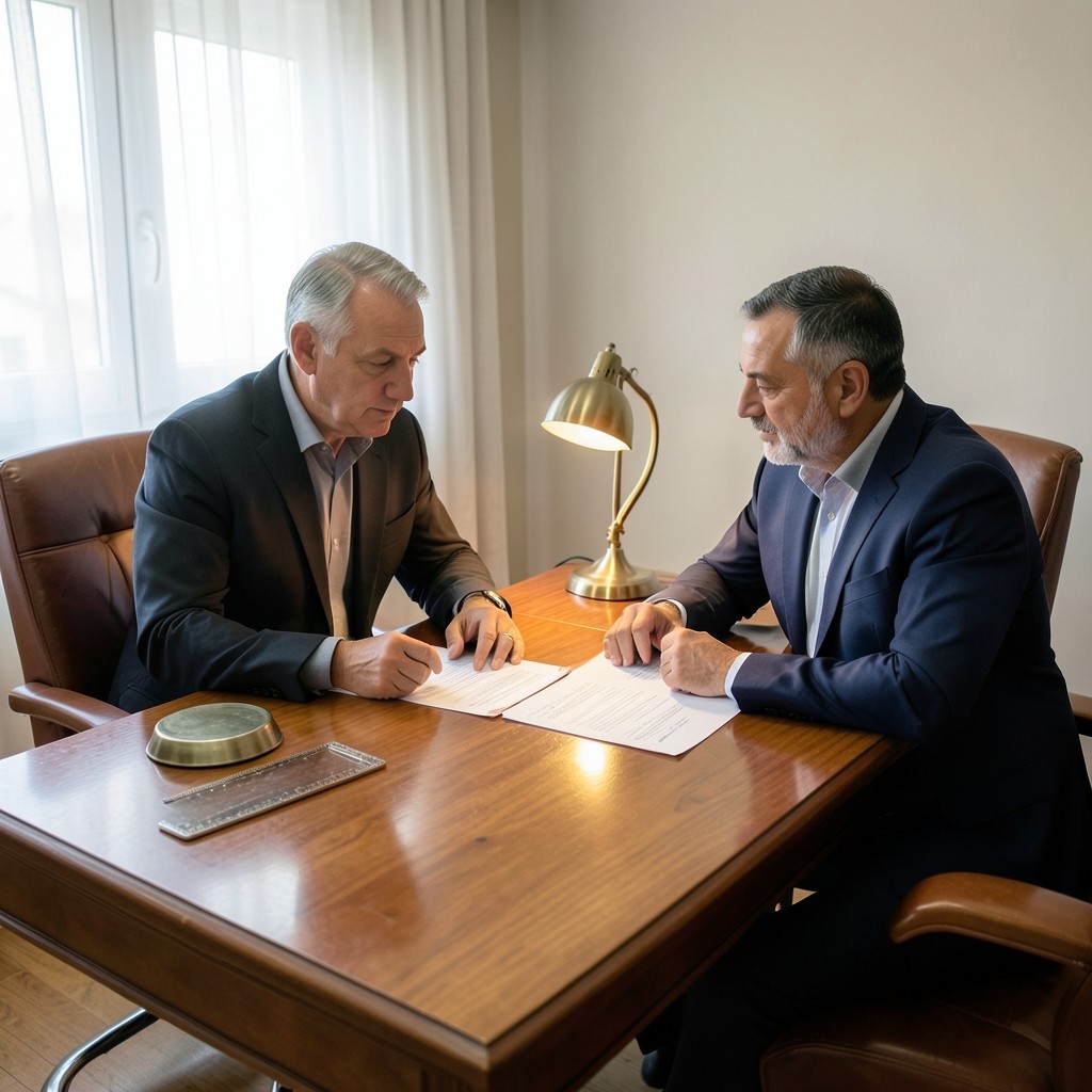 Consultor revisando documentación de jubilación con un cliente en despacho