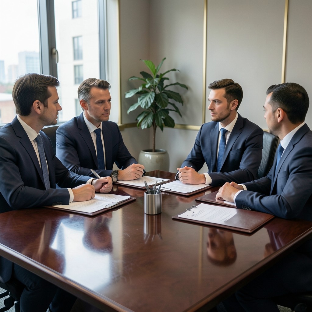 Reunión de negociación laboral sobre prejubilación en oficina corporativa